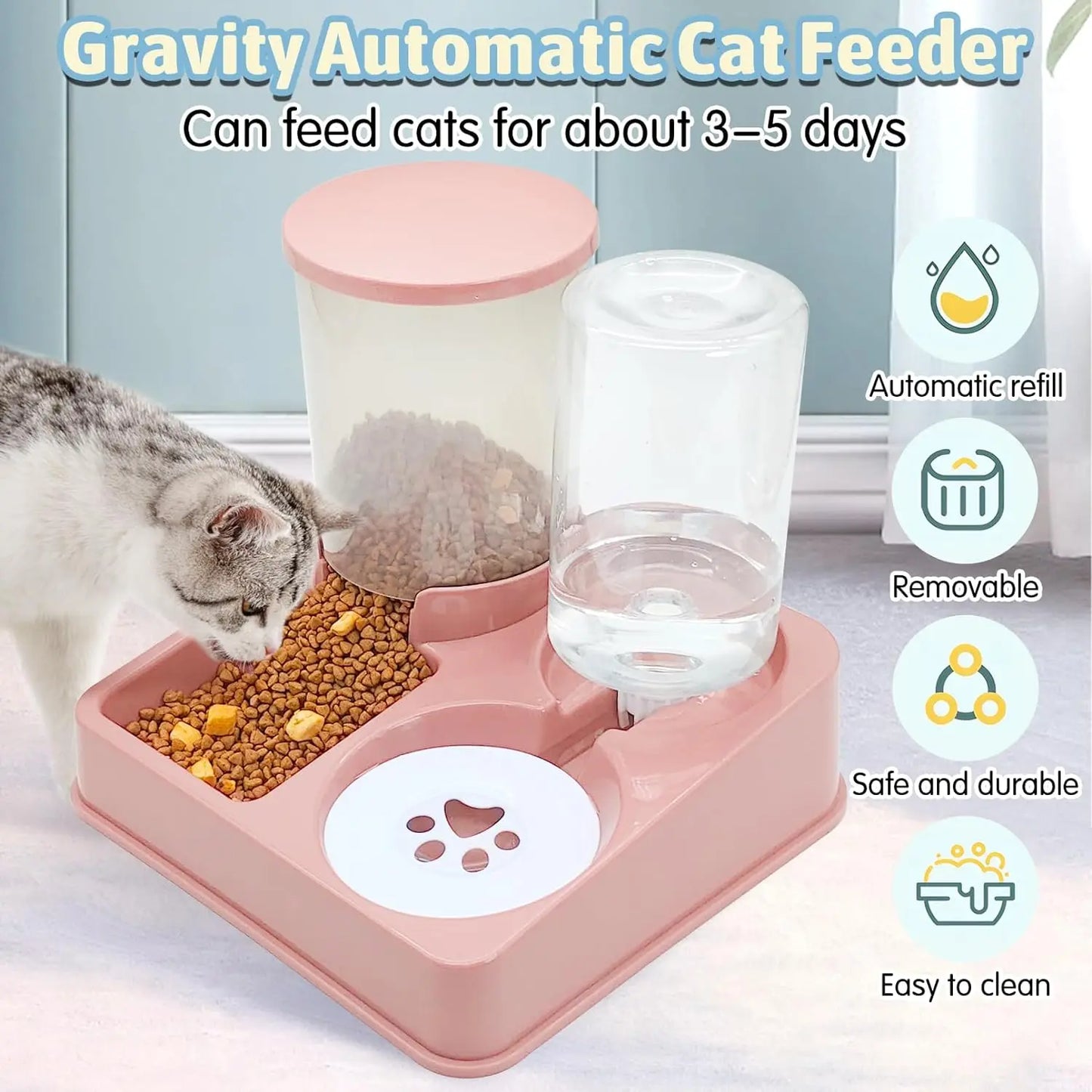 2-in-1 Automatic Cat Feeder and Water Dispenser Set - Tilted Gravity Pet Food and Water Feeder